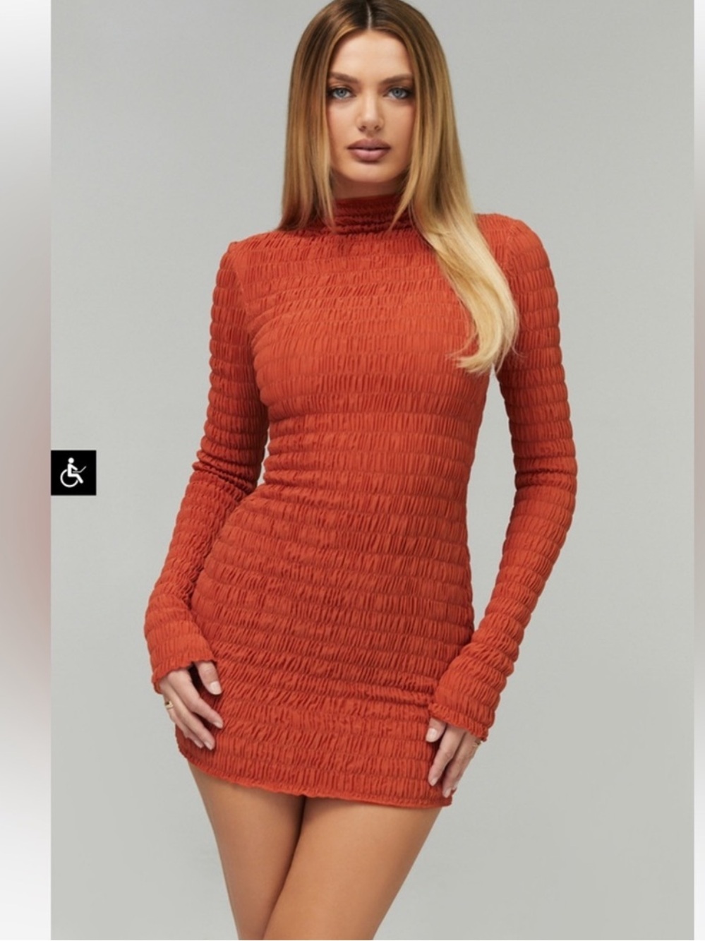 NWT Mistress Rocks Graceful Shirred Mock Neck Mini Dress in Burnt Orange